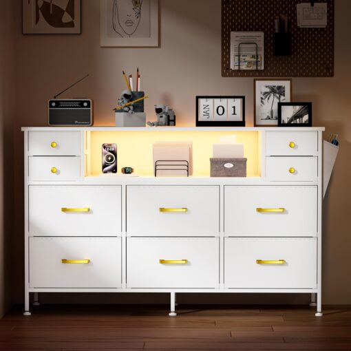 White Dresser For Bedroom, Dresser For Bedroom With 10 Drawers, Tv Stand For Bedroom, Dresser Tv Stand For 55" Tv, Fabric Dresser With Leather Front,