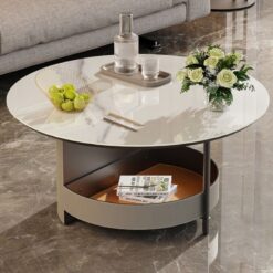 White Sintered Stone Round Coffee Table Microfiber Saddle Leather Covered - Unho