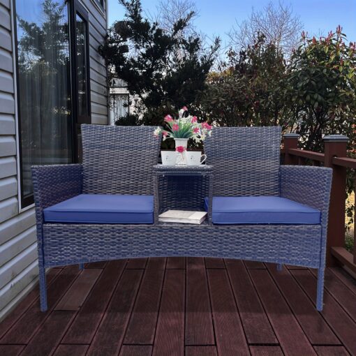 Wicker Patio Conversation Furniture Set, Outdoor Furniture Set With Removable Cushions & Table, Tempered Glass Top, Modern Rattan Bench For Garden