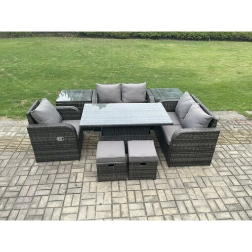 Wicker pe Rattan Furniture Garden Dining Set Outdoor Height Adjustable Rising lifting Table Love Sofa With Reclining Chair 2 Side Tables 2 Small