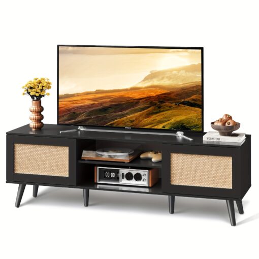 Wlive Rattern Tv Stand For 65 Inch Tv, Entainment Center With Rattern Doors, Boho With Storage Shelf And 2 Cabinets For Bedroom And Living Room