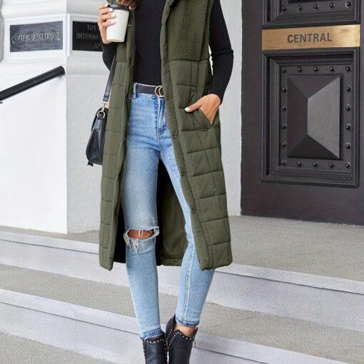 Women's Long Puffer Vest Fleece Jacket Winter Button Down Sleeveless Coats