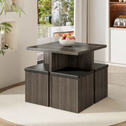 Wood Versatile Table and 4 Storage Stools Set,Grey And Black