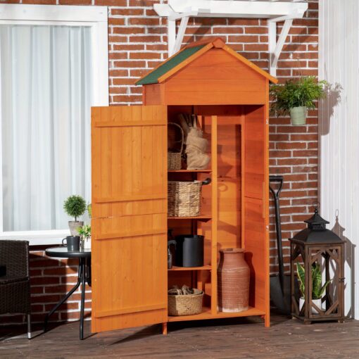 Wooden Outdoor Storage Shed, Compact Utility Outdoor Tool Shed With Lockable And Shelves, Orange