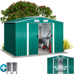 Xxl 8x6' Metal Tool Shed With Foundation 5m² 9m³ Apex Roof 260x205x180cm Sliding Door Galvanised Steel Garden Equipment Bike Log Storage Green