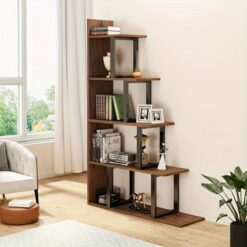 Yardfunuk Modern Minimalist Wooden Bookshelf With 5 Tiers And Corner Design For Multipurpose Storage