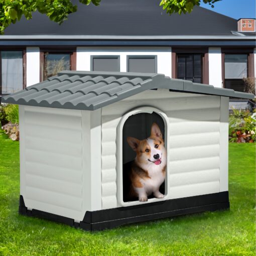 Yarsca Large Double Door Dog House With Porch & Cushion, Outdoor Plastic Doghouse With Elevated Base, Easy To Install, Water-resistant Pet House For