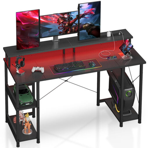 140 X 50 Cm Gaming Table With Dual Monitor Stand, Storage Shelves And Power Sockets, Black (Carbon Fiber)