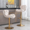 2-Piece Beige Bar Stool Set With Rolling Edge Backrest, 360° Swivel & Gold Legs, Adjustable Height