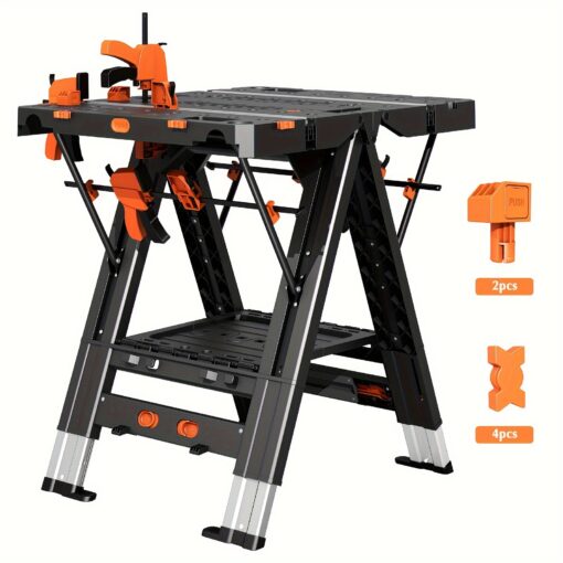 2-in-1 Folding , Portable Folding Table, 31" W X 25" D X 32" H , Height-adjustable Table 4 Woodworking Clamps, 4 Connecting , 2