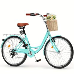 26 Inch Beach Cruiser Bike For Women- 7 Speed Commute Bike For Adults- Womens Bicycle With Adjustable Seat In Mint Green