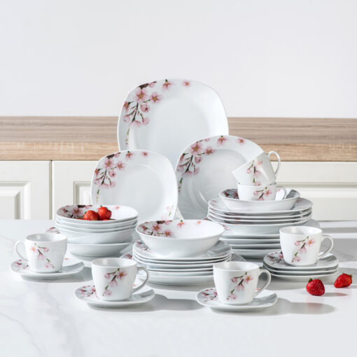 30-piece White Ceramic Pink Floral Porcelain Plate Set With Dinner Soup Dessert Plate,coffee Cups And Saucer For 6 People