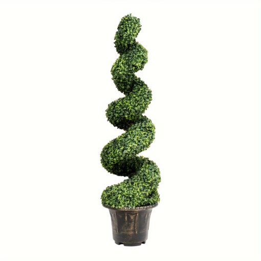 4 Ft Artificial Boxwood Spiral Topiary Tree 2 Pack, Faux Outdoor Trees For Porch, Cement Pot, Real Rattan, Sun-proof Potted Spiral Green Plants For