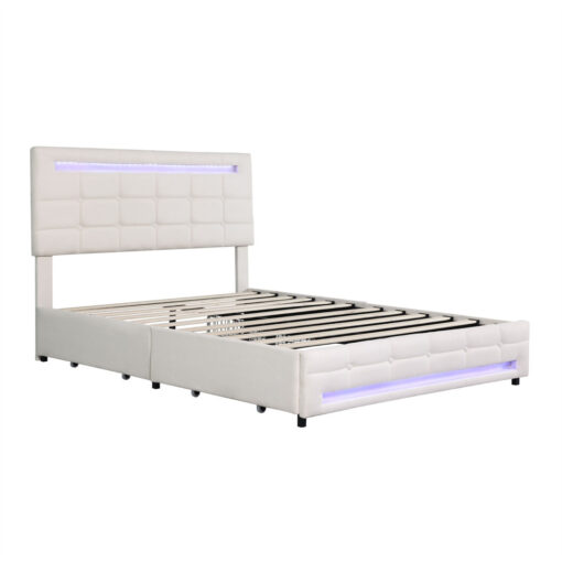 4Ft6 Beige Upholstered Bed With LED Lighting & Storage Drawers - Easy Assembly