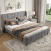 4Ft6 Grey Velvet Upholstered Bed With Soft Backrest & Vertical Stripe Design