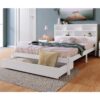 4ft6 Double Bed, Bed with Shelves and Drawer, White Wooden Storage Bed 135 x 190 cm