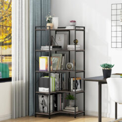 5-Layer Corner Bookcase, Free-Standing Transformable L-Shaped Bookcase With Metal Frame, Rustic Grey