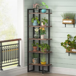 5 Tiers Corner Shelf, Industrial Wooden Corner Bookshelf,