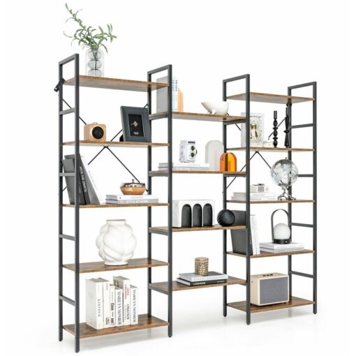 5-tier Industrial Bookshelf 14 Open Shelves Large Triple Floor Standing Bookcase