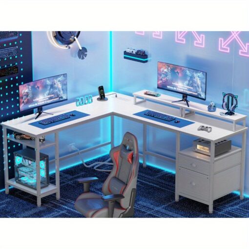 59/ 66 Inch L-shaped Computer Desk With Socket And 2 File Drawers, Large Gaming Desk With 2 Monitor Stands, Reversible Writing Table With 2 Shelves