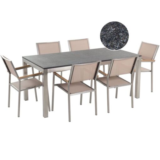 6 Seater Garden Dining Set Black Flamed Granite Top Beige Chairs Grosseto