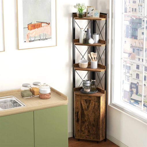 6-Shelf Corner Bookcase, Wooden Display Storage Cabinet With Adjustable Shelves And Anti-Tip Device