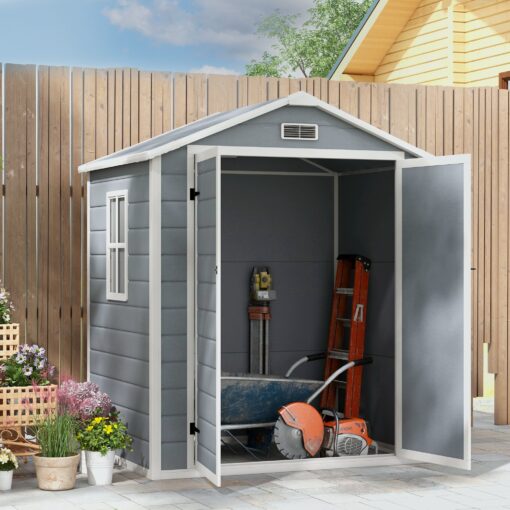 6 X 4. 5ft Plastic Garden Shed, Lockable Tool Storage House With Window, Vent And Plastic Roof, Grey