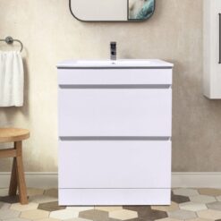 600mm White Floor Standing Vanity Sink Unit Ceramic Basin Bathroom 2 Drawer Storage Furniture