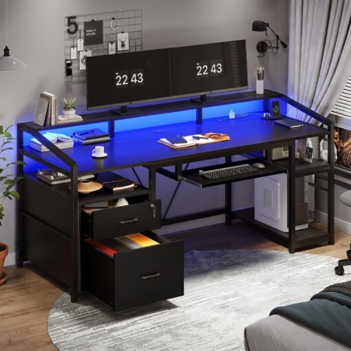 63" Computer Desk With Led Lights, Home Office Desk With 2 Drawers And Storage Shelves