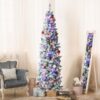 6ft Snow Flocked Pencil Tree With Lights, Suitable For , Apartment, Entryway