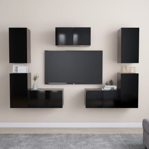 7-Piece Black Engineered Wood TV Cabinet Set - Modern Storage Solution For Living Room