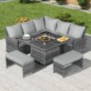 7 Seater Rattan Garden Furniture Seating Group with Fire Pit Table, Grey - Abrihome