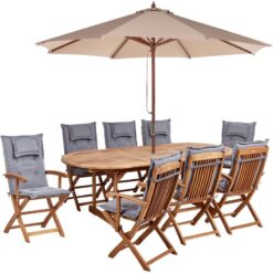 8 Seater Acacia Wood Garden Dining Set with Parasol and Grey Cushions Maui ii