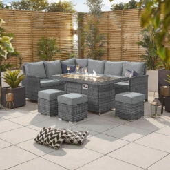 8 Seater Rattan Garden Furniture Seating Group with Fire Pit Table, Grey - Abrihome