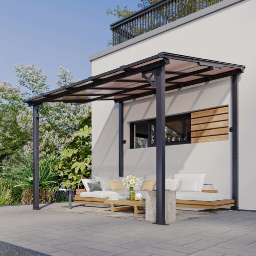 8' X 10' Wall-mounted Gazebo Pergola With Sloped Roof, Heavy-duty Awning For Backyard, Deck, And Patio