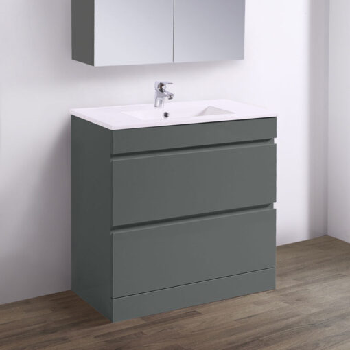 800mm Grey Floor Standing Vanity Sink Unit Ceramic Basin Bathroom 2 Drawer Storage Furniture