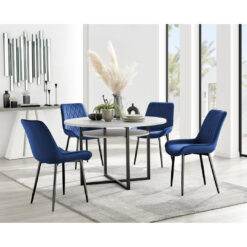 Adler Modern Concrete Effect Round Dining Table Set with Shelf & 4 Luxury Velvet Dining Chairs