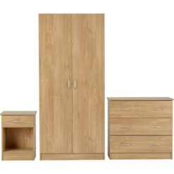 Bellingham 3 Piece Bedroom Set Wardrobe Chest Drawers Bedside in Oak Effect