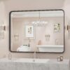 Black Matte Metal Framed Mirror For Wall, Vanity Rectangle Rounded Corner Tempered Glass Mirror, Clear Reflection, Wall Mounted Mirror For Bathroom,