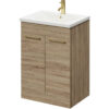 Bordalino Oak 600mm Floor Standing Vanity Unit with 1 Tap Hole Basin and 2 Doors with Brushed Brass Handles - Napoli