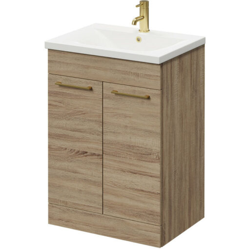 Bordalino Oak 600mm Floor Standing Vanity Unit with 1 Tap Hole Basin and 2 Doors with Brushed Brass Handles - Napoli