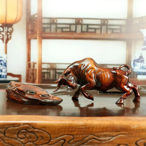 Charging Bull Figurine Boxwood Decorative Hand Carved Art