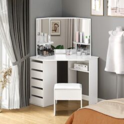 Clipop - Dressing Table, Corner Vanity Makeup Desk with 5 Drawers and Stool