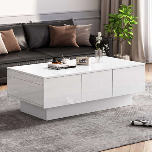 Coffee Table For Living Room, Modern Side Table Wooden Centre Table, White High Gloss Coffee Tea Tables With 2 Drawers And 2 Big Storage Space For Hom