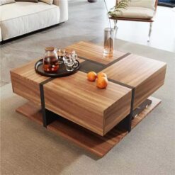 Coffee Table, Table with 4 Drawers, Unique Color Matching and Line Design, Storage Space at the Bottom,78x78x36cm,Brown