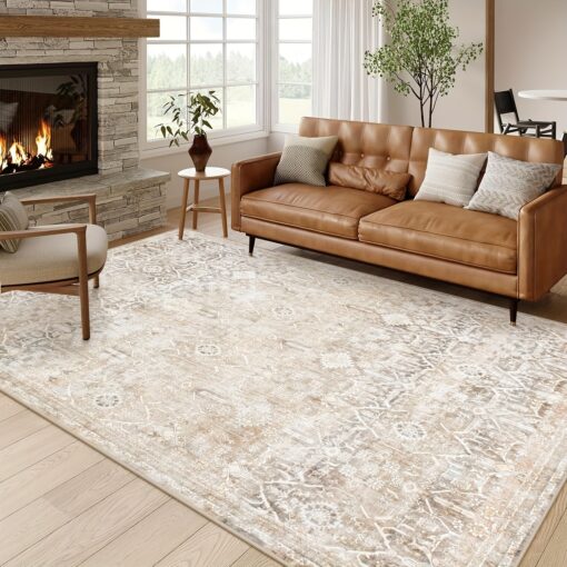 Collive Large Area Rug For Living Room, Vintage Washable Area Rug Non Slip Neutral Bedroom Carpet Stain Resistant Ultra-thin Low Pile Print Floor Rug