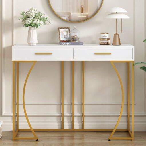 Console table, hallway table with 2 drawers, light luxury style side table, sofa table, 120x38x76 cm, white/gold