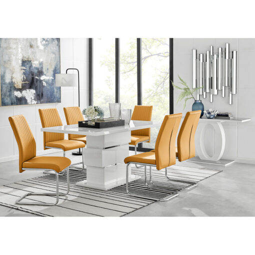 Corova Modern High Gloss Chrome Dining Table Set with 6 Upholstered Faux Leather Dining Chairs