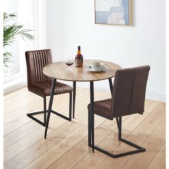 Cullompton Small Round Dining Table and Chairs Set 2, Wooden Kitchen Table with Oak Effect Top and Brown Leather Effect Chairs, Dining Table Set for