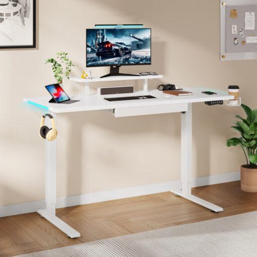 Curtia 140Cm W Height Adjustable Desk,Electric Standing Desk with Charging Station & LED Lights